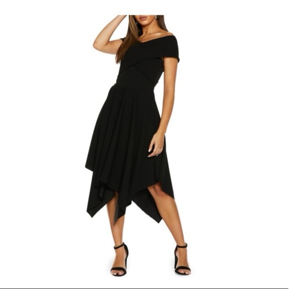 Black Quiz Midi Dress with Handkerchief Hem and criss-cross bust Sz 6